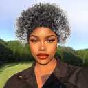 LEOSA Gray Headband Wig for Black Women Ombre Afro Kinky Curly Wig with Headbands Attached Synthetic Short Grey Afro Curly Hair Wig Head Wrap Wigs 2 in 1 Silver Headwrap Wigs