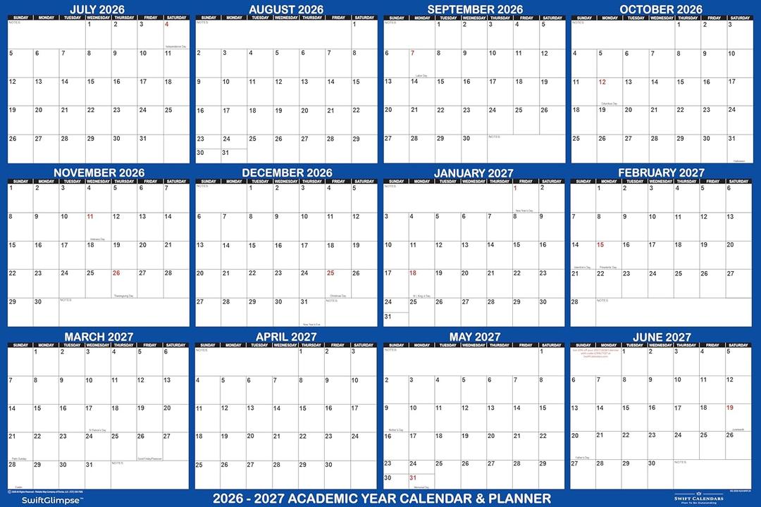 32x48 SwiftGlimpse 2026-2027 Academic Wall Calendar Erasable, XLarge, Wet & Dry Erase Laminated, July 2026 to June 2027