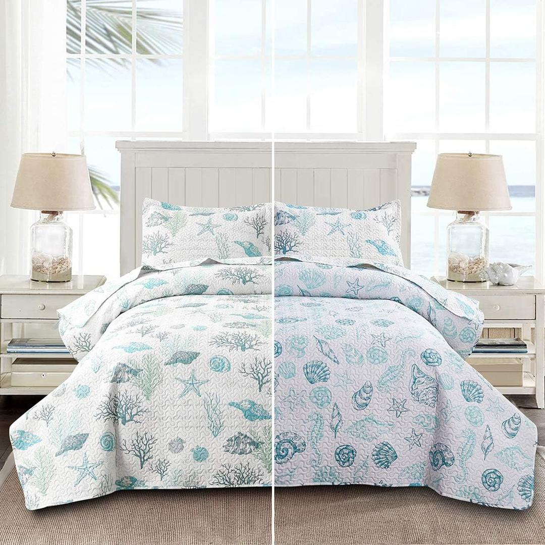 Reversible Coastal Beach Theme Quilt Set Queen/Full Size Ocean Coral Bedding Seaweed Bedspread Ocean Life Blue Green White Shell Starfish Coverlet Summer Lightweight Beach Daybed Sets