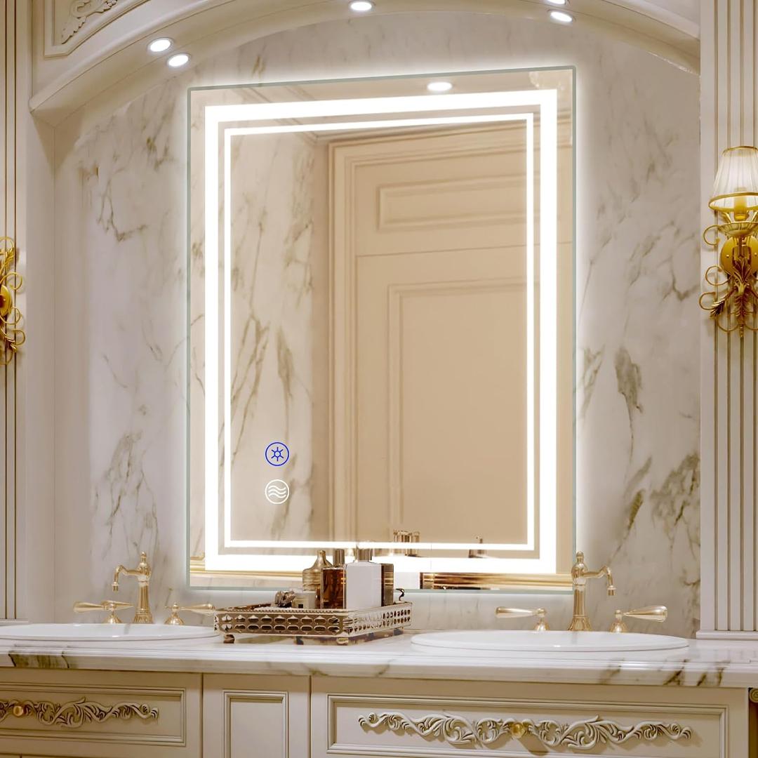 SaniteModar Bathroom Mirror with Lights 32x24 in, Led Mirror for Bathroom, Led Bathroom Mirror, 3 Color Dimmable, Anti Fog, Touch Button, CRI90+, Horizontal/Vertical (32"L x 24"W)