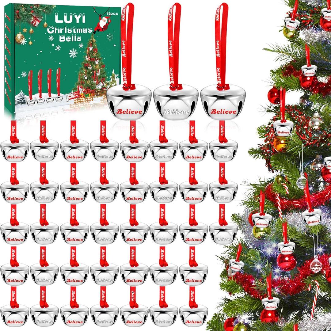 40 Sets Christmas Bells Ornaments, Christmas Believe Bells Bulk Polar Express Decorations Xmas Party Gifts Favors Silver Sleigh Jingle Bells for Christmas Tree Home Decoration(1.6 Inch)