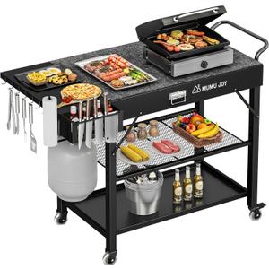 Grill Cart, 19 inch,3 Tier Foldable Grill Table with Wheels 500 Lb