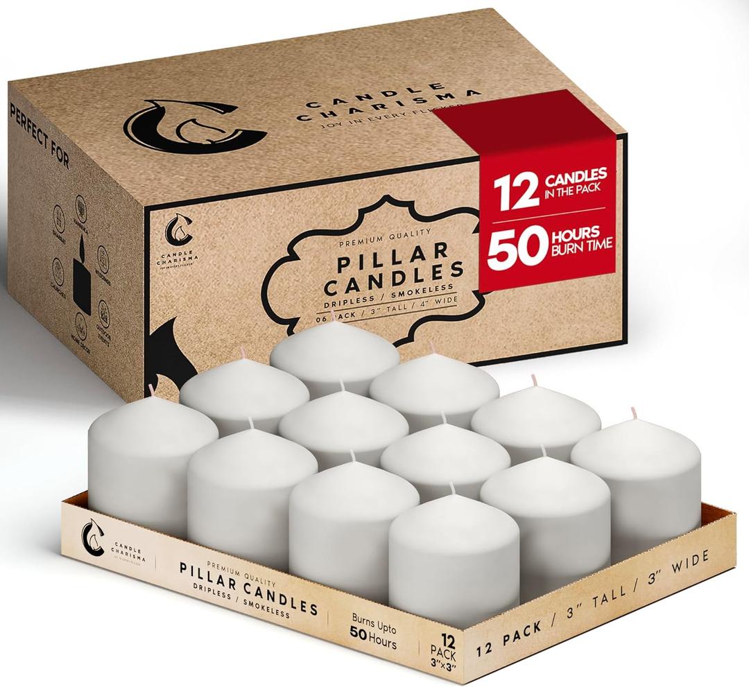 Candle Charisma White Pillar Candles Bulk Pack of 12 (3x3 Inch) Long-Lasting 50-Hour Burn, Dripless & Smokeless Perfect for Hassle-Free Decor at Weddings, Fall Table Centerpieces & Special Events, White