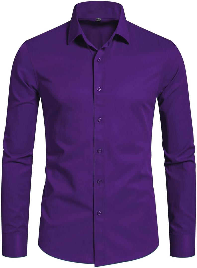 BEILU Stretch Mens Slim Fit Dress Shirts Formal Long Sleeve Button Down Shirts (Purple, L)