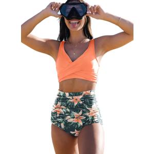 Women High Waisted Swimsuit Halter Triangle Bikini Mold Cup Swimwear Push Up Bathing Suit (Large, Floral1-21378)