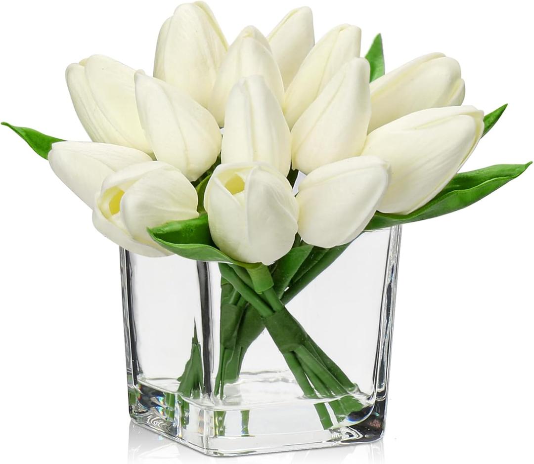 DILATATA Artificial White Tulips in Vase with Faux Water 5.5" Real Touch Flowers Fake Tulips Small Flowers Arrangement in Cube Glass Vase for Mother's Day Table Centerpiece Wedding Home Decor