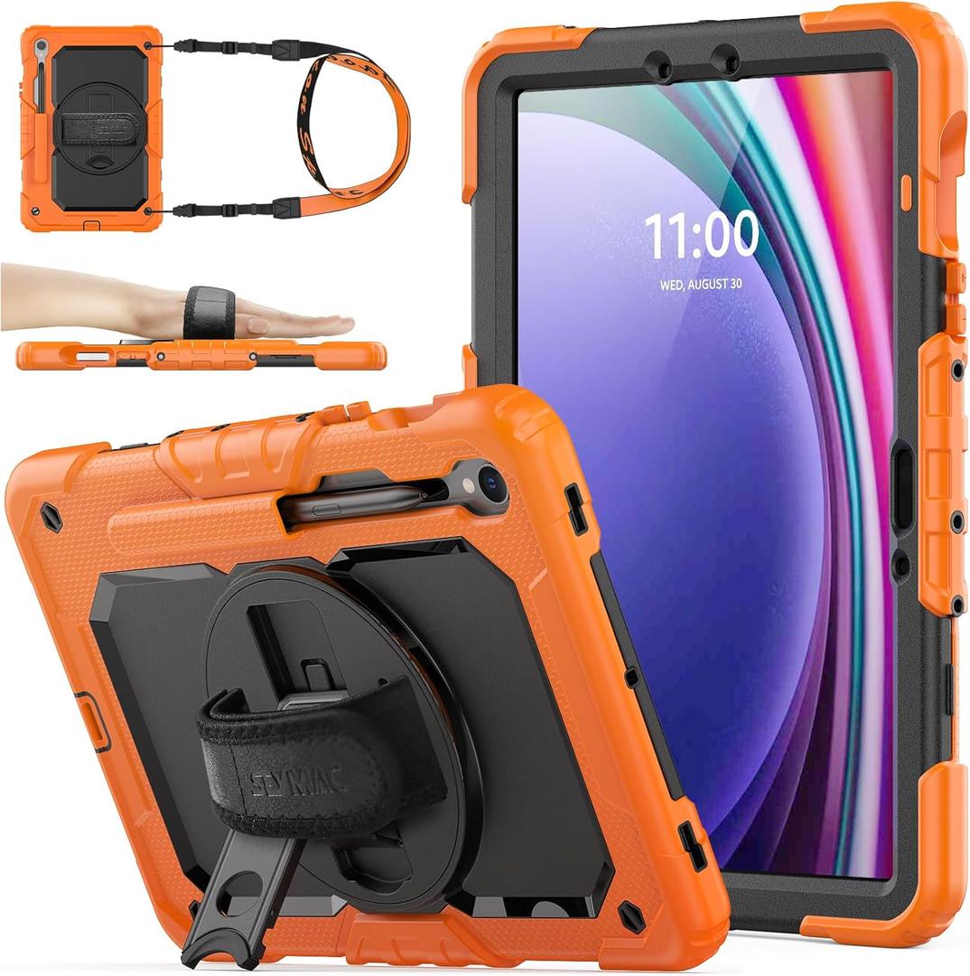 SEYMAC stock Case for Samsung Galaxy Tab S10 Lite / S10 FE / S9 FE 5G / S9 Tablet Case 10.9''/ 11'' Protective with Screen Protector, Pen Holder, 360 Rotate Stand, Hand Strap, Shoulder Strap, Orange