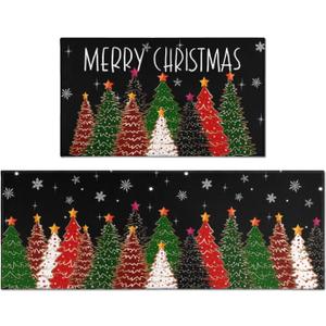Black Merry Christmas Tree Kitchen Mats Set of 2,Xmas Star Winter Seasonal Farmhouse Home Decor Low-Profile Kitchen Rugs for Floor 17x30+17x47 Inch