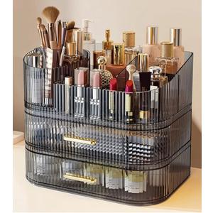 Makeup Organizer with Drawers and 360° Rotating Brush Holder, Large Capacity Cosmetic Storage for Vanity, Skincare, Perfume, Hair Accessories, Lipstick & Jewelry (Transparent Gray, 3-layer)
