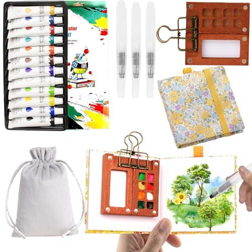Portable Mini Watercolour Paint Set Travel & Pocket Wooden Paint Palette with Metal Clip, Water Colour Paints Sets with Sketchbook & Water Pen for Painters,Artists,Beginner (Yellow, 12 Colors, S-8 Grids)