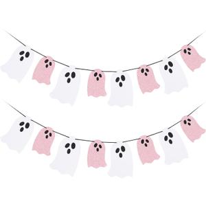 2 x 2 Pack Pink and White Halloween Ghost Garland Banner, Ghost Halloween Party Banner Decorations Indoor for Haunted Mansion Mantle Home Decor