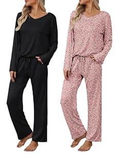 Ekouaer Womens 2 Pack Pajama Set Long Sleeve Pajamas Top and Pants V Neck Pjs Set Soft Loungewear with Pockets, Small