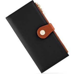 Womens Wallet,Thin RFID Blocking Leather Wallet for Women Credit Card Holder Travel Wallet with Zipper Pocket (Dark BlackBrown)