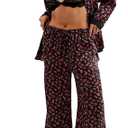Women Satin Pajama Set Floral Silk Pajamas 2 Piece Lounge Sets Button Down Shirts Wide Leg Pants Pjs Sleepwear, M