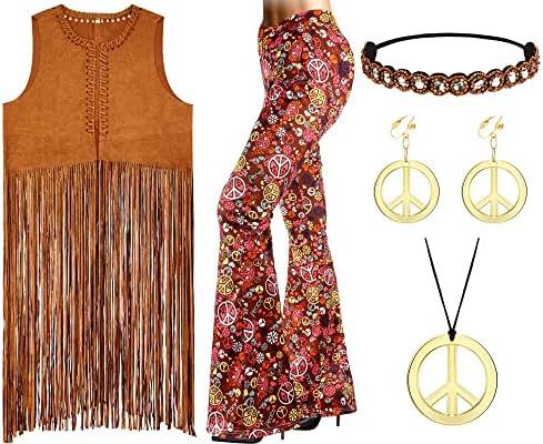 Geyoga Women 70s Hippie Costume Set Boho Fringe Vest Flared Pant Cardigan Peace Sign Earrings for Carnival Halloween Costume Party (Retro, Medium) Geyoga Women 70s Hippie Costume Set Boho Fringe Vest Flared Pant Cardigan Peace Sign Earrings for Carnival Halloween Costume Party (Retro, Medium)