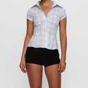 Women's Plaid Shirt Button-up Short Sleeve Collared Slim Fit Casual Summer Blouse Tops (Blue, M)