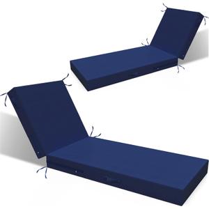 L'AGRATY Chaise Lounge Chair Waterproof Cushion Outdoor for Pool Lawn Deck | 72x21x3 Inch Patio Cushion for Balcony Garden, Fade-Resistant Pads with Removable Cover, Ties and Hidden Zipper(Navy Blue, Pack of 2)