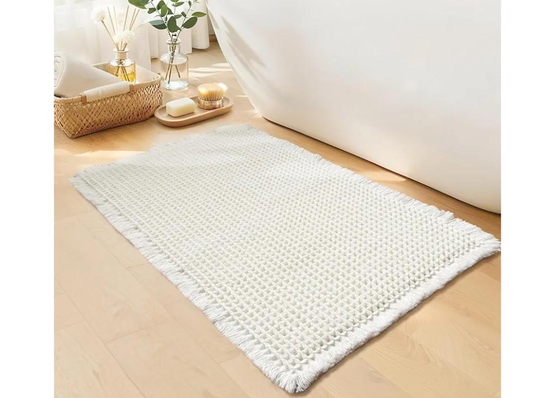 White Bathroom Rugs, Waffle Bath Mat Non Slip Washable, Super Absorbent & Quick Dry, Small Boho Bath Mat Farmhouse Bathroom Decor, 18'' x 30'', White