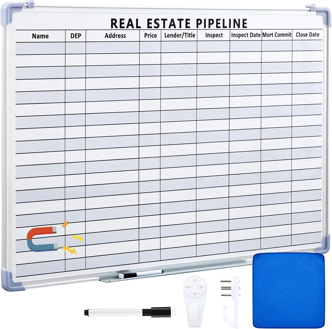 Lincia 36"x 24" Real Estate Whiteboard Lined White Board Dry Erase Real Estate Supplies Visual Transaction Tracking Whiteboard Erasable Surface Hanging Board with Sliding Tray for Wall