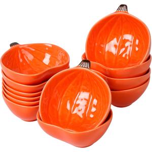 Kolewo4ever 12 Pieces Thanksgiving Ceramic Pumpkin Bowl 6 Ounces Ramekins Small Pumpkin Shaped Bowls Orange Dinnerware Decoration for Fall Thanksgiving Serving Dip, Sauce, Condiments,Snack