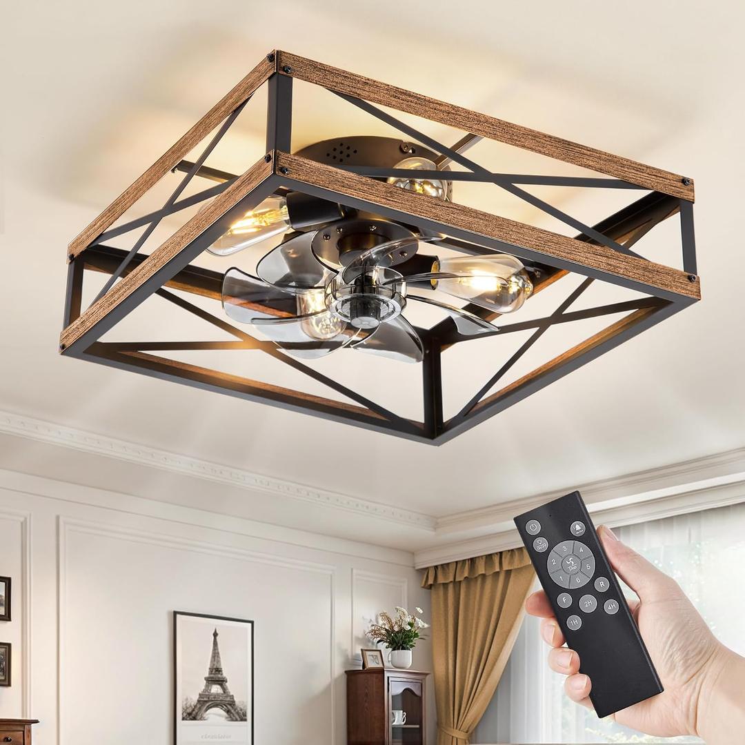 LEDIARY 20 Caged Low Profile Ceiling Fans with Lights and Remote, Rustic Square Flush Mount Ceiling Fan, 6 Speed and Reversible, Small Farmhouse Bladeless Ceiling Fan for Bedroom, Kitchen,Dining Room