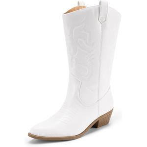DREAM PAIRS Women's Cowboy Boots Pull On Cowgirl Boots Mid Calf Western Boots,  (7.5, White)