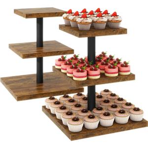 IBUYKE 3 Tier Cupcake Stand,Set of 2,Cupcake Tower,Square Serving Dessert Display Stand,Cupcake Tray Stand,Dessert Tree Tower for Christmas Birthday,Home Party, Wedding,Rustic Brown UTLJ014H-2