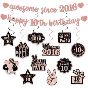 Pre-Strung 10th Birthday Banner Decorations for Girls, Glitter Happy 10th Birthday Decor, Rose Gold Ten Years Bday Hanging Swirls Party Supplies