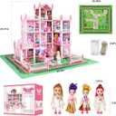 Doll House Set for Girls, Princess House Toys with 4 Dolls Furniture and 4-Story 11 Rooms,Pretend Play DIY with Light Strip for Kids, Building Dolls Playset Toys Kit Gift for Ages 3 4 5 6+