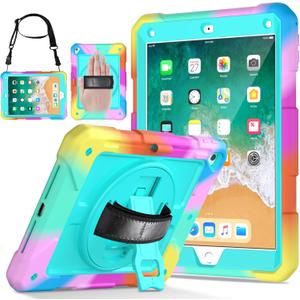 LTROP Protective Cover Case for iPad 6th/ 5th Generation & iPad Air 2 Case, iPad 9.7 Inch Case with Shoulder Strap Pen Holder Swivel Stand, Aqua Teal