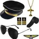 Qyyiguf 6 Pcs Airline Pilot Captain Costume Kit with Aviator Sunglasses,Pilot Costume Accessories Set for Aviation Halloween Dress Up (Black)