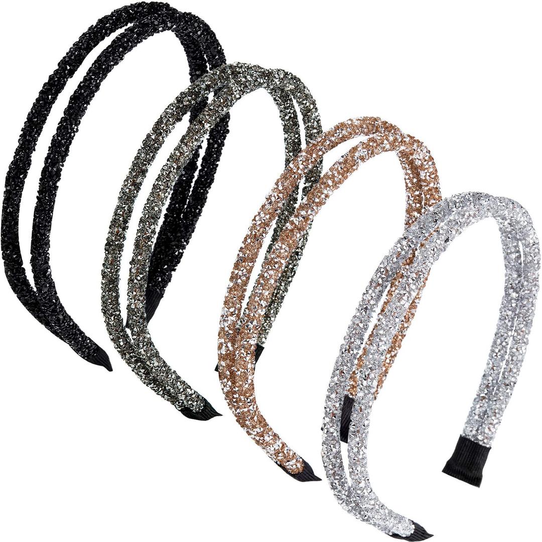 WILLBOND 4 Pieces Rhinestone Hair Band Double Crystal Side Band Imitation Diamond Crystal Hoop Headband Thin Headband for Women Hair Accessory(Black, Grey, Silver, Champagne)