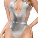 EHSUYAB Alien Costume For Women, Shiny Metallic Futuristic Space Sexy Top, Snap Crotch One Piece Vinyl Robot Bodysuit Rave Outfits Boudoir Silver Medium