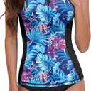 BesserBay Women's Built-in Bra Rash Guard UPF 50+ Sleeveless Zip Front Swim Tankini Top (Blue, M)