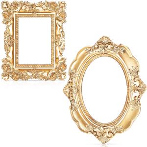 Leinuosen 2 Pcs Mini Gold Frames Vintage Resin Picture Small Antique Gold Tiny Oval Rectangle Baroque DIY Wall Hanging Frames for Home Decor Photo Props, Without Backing
