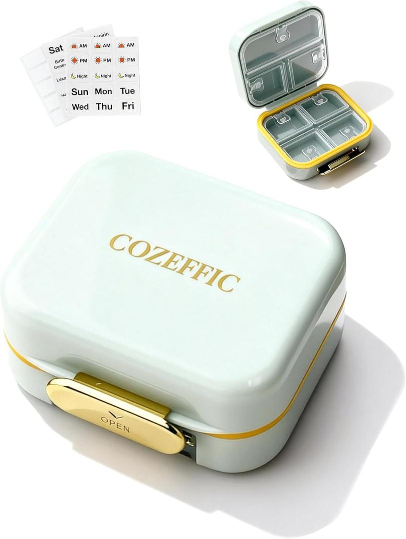 Small Pill Case Travel Pill Box with 7 Compartments for Purse - Compact Pill Organizer for Medicine Vitamin - Portable Container for Fish Oil & Supplements - Sage