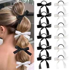 Auseibeely 12PCS Silky Satin Hair Bows Ties for Girls, Bowknot Ribbon Ponytail Holders, Cute Bow Hair Accessories for Bubble Braids, Black & White No Damage Hair Bands