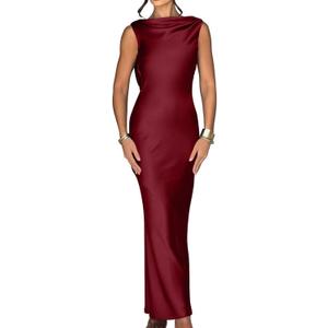Memoriesea Women's Elegant Sleeveless High Neck Tie Cocktail Wedding Party Maxi Dress (Red, M)
