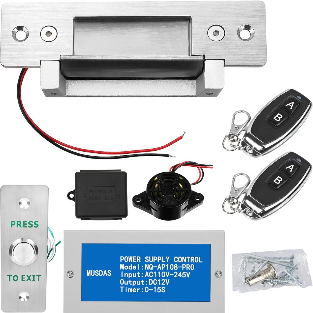 Access Control Electric Strike Door Lock Fail-Secure/Fail-Safe Kit System, Door Buzzer Entry System, with Remote Control, Button, Buzzer, Power Adapter