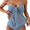 B2prity Womens Mesh Tankini Swimsuits Flowy Two Piece Bathing Suit V Neck Tie Knot Swim Top with High Waisted Bottom (Medium,Grey Blue)