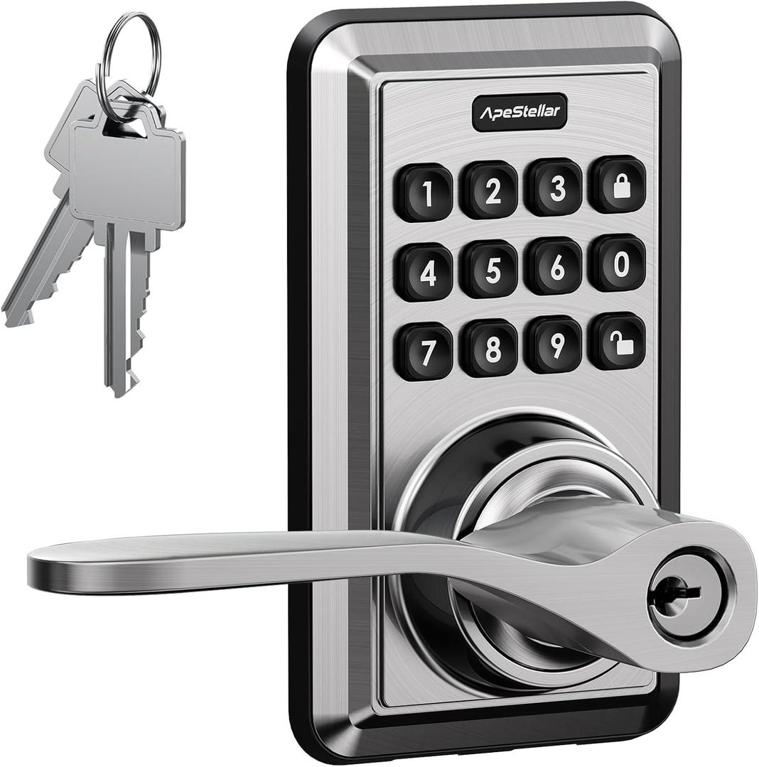 Keyless Entry Door Lock, Keypad Door Lock with Handle Lever, Door Knob with Keypad, Auto Lock, Passage Mode, Easy Installation, Satin Nickel
