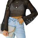 Womens Fishnet Crochet Crop Top Sexy Long Sleeve See Through Hollow Out Mesh Bikini Cover Ups (Black), XL