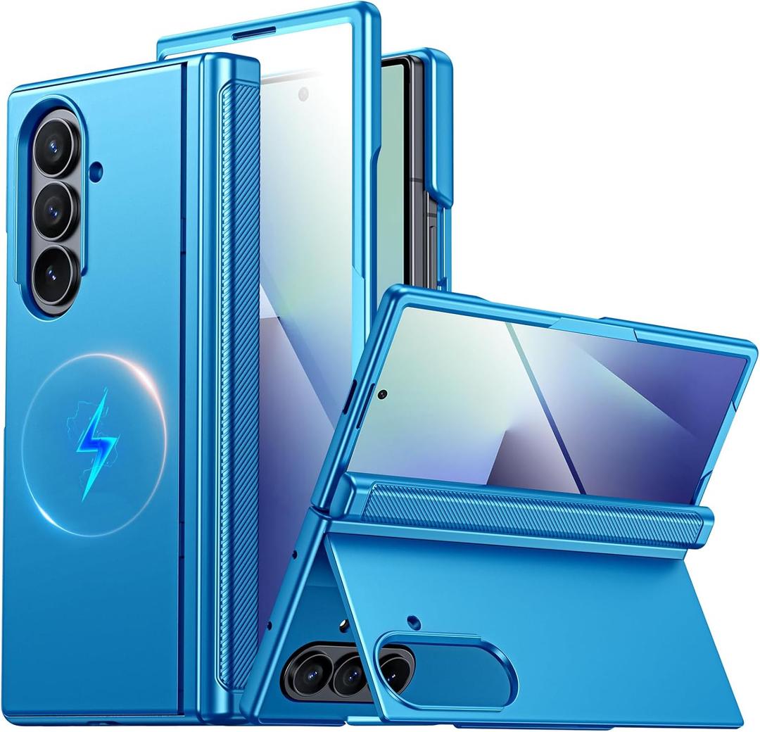 CENMASO Magnetic for Samsung Galaxy Z Fold 7 Case with Stand, Fit for Magsafe, Hinge Protection, Screen Protector, Built-in Hidden Kickstand, Slim Shockproof Phone Case for Galaxy Z Fold 7-Lake Blue