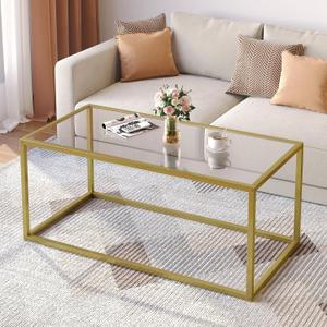 SAYGOER Gold Coffee Table,Glass Rectangular Center Tables,Simple Minimalist Table with 19.7'' Glass Metal Frame for Living Room,Apartment,Office,Home,Easy Assembly