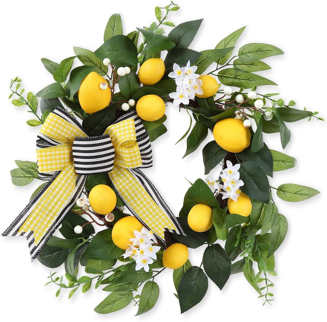 20 inch Spring Summer Wreath, Lemon Wreath for Front Door with Daisy, Bow, Eucalyptus Leaves, White Berries for Indoor Outdoor Wall Festival Home Farmhouse Wedding Decor (Yellow)