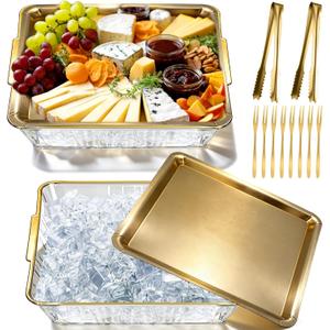 Baderke 2 Sets 11.81" Chilled Serving Tray for Christmas Parties Ice Chilled Party Platter Charcuterie Serving Board Cold Dish Dip with Forks Tongs for Fruit Seafood Vegetable Appetizer (Gold)