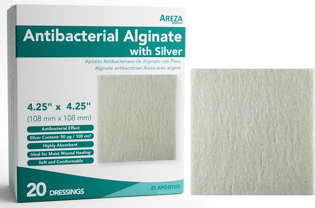 Areza Silver Calcium Alginate Antibacterial Wound Dressing Pads  Sterile, Non-Stick, Highly Absorbent; for Wound Drainage & Infection Risk (4.254.25, 20-Pack per Box), 1 Box