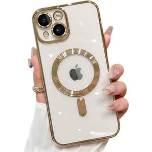 Magnetic Case for iPhone 15 Plus Case Clear Compatible with MagSafe Built-in Camera Lens Protector Soft Slim Shockproof Phone Case Cover for iPhone 15 Plus 6.7" - Gold