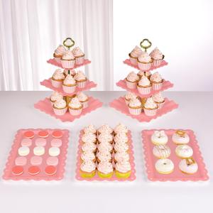 NWK 5 Piece Cake Stand Set with 2 x Large 3-Tier Cupcake Stands, 3 x Appetizer Trays, for Wedding Birthday Baby Shower Tea Party Decorations (Pink) NWK 5 Piece Cake Stand Set with 2 x Large 3-Tier Cupcake Stands, 3 x Appetizer Trays, for Wedding Birthday Baby Shower Tea Party Decorations (Pink)