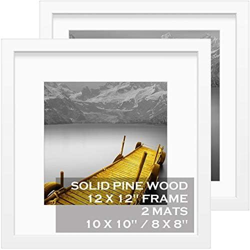 12x12 Picture Frames White Made of Solid Wood Display Pictures 10x10 or 8x8 with Mat or 12x12 without Mat - Each 12x12 Inch Square Photo Frames with 2 Mats Wooden for Wall or Tabletop Mount, Set of 2